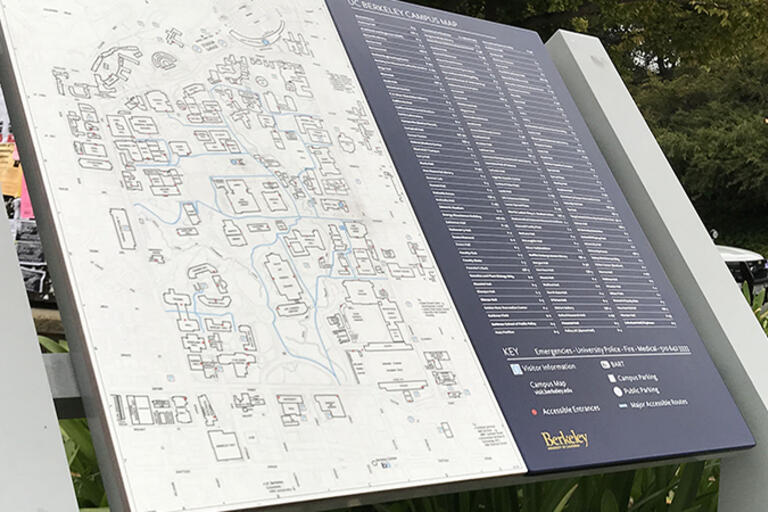 A close-up picture of a locator map, similar to maps posted at every pedestrian entrance to the campus
