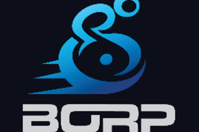 BORP's logo, a blue comic of a person in a wheelchair "speeding," as indicated by three track marks.