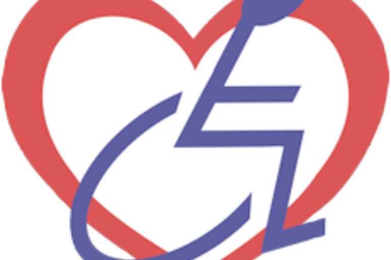 EDI's logo, a  purple wheelchair logo encased in a red heart.