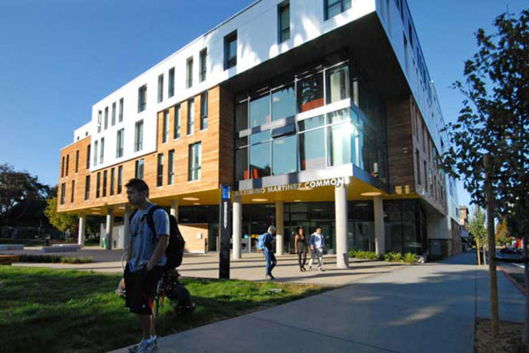 A northeast view of Martinez Commons, a student residential building.