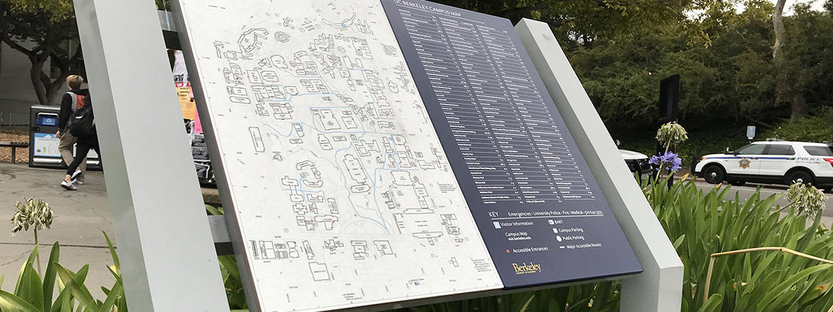 A close-up picture of a locator map, similar to maps posted at every pedestrian entrance to the campus