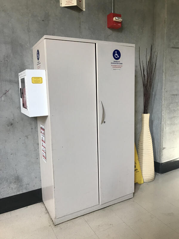 The evacuation chair cabinet for Wurster Hall. It is located in the first floor lobby.