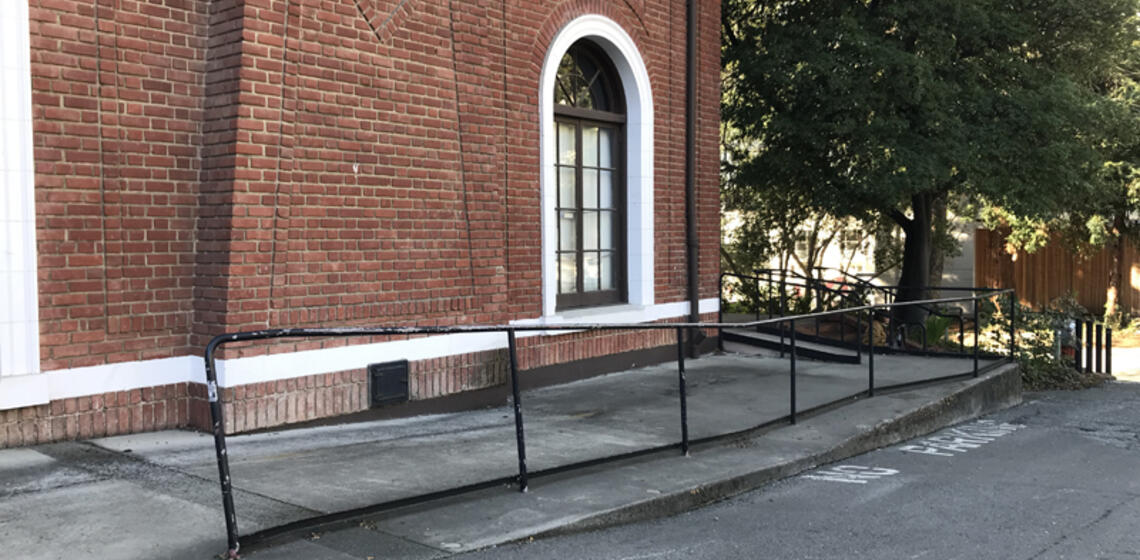 The accessible entrance to the ARF, facing north. The access path is a ramp to the left of the building.