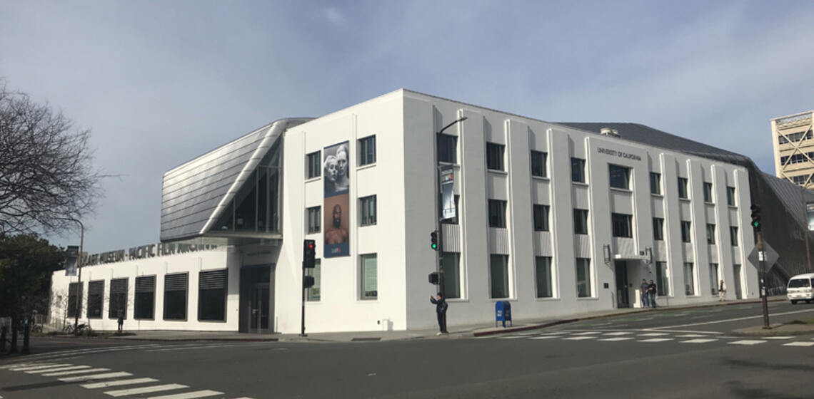 The southeast side of the BAMPFA building. It is located on the corner of Center Street and Oxford Street.