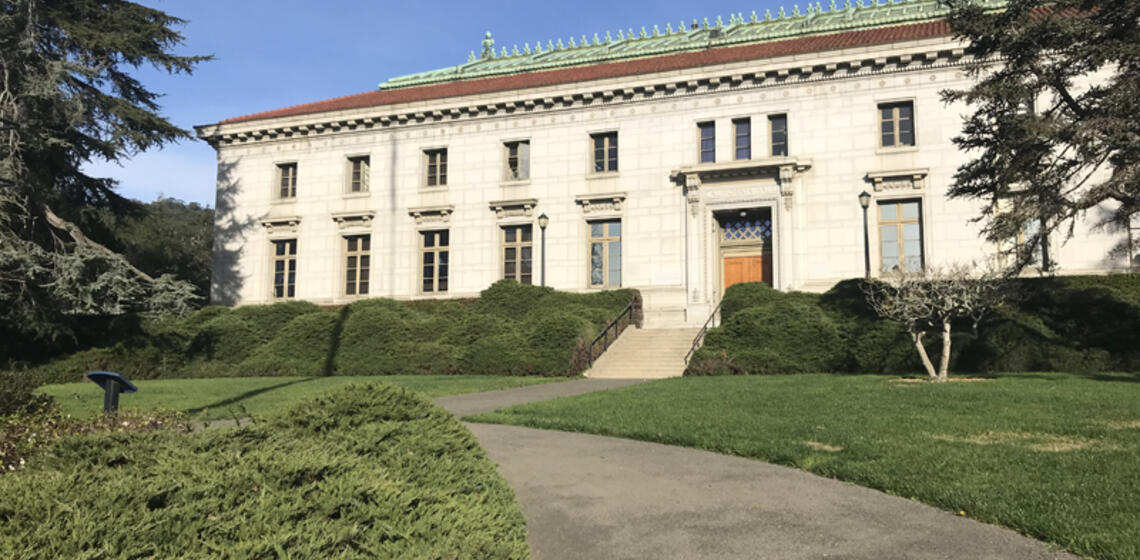 The front side of California Hall, facing west. The accessible path is located on the south side of the building.
