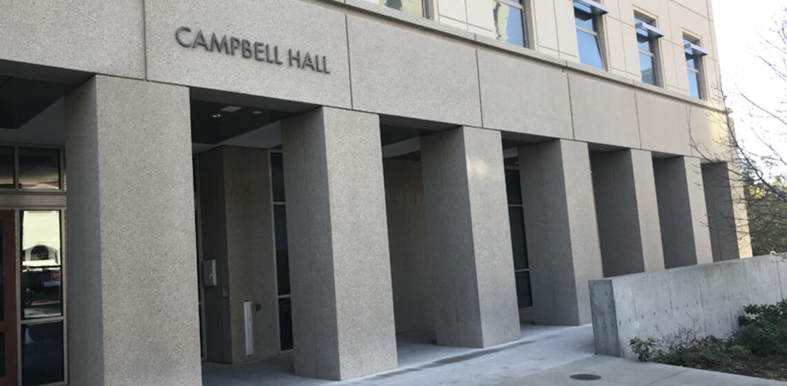 The front side of Campbell Hall, facing north. The access path is directly in front of the building.