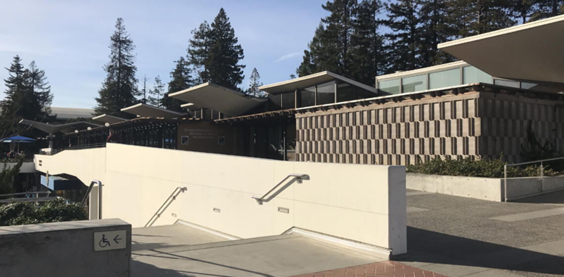 The south side of Cesar Chavez from Upper Sproul. There are accessible entrances on the south and east sides of the building.