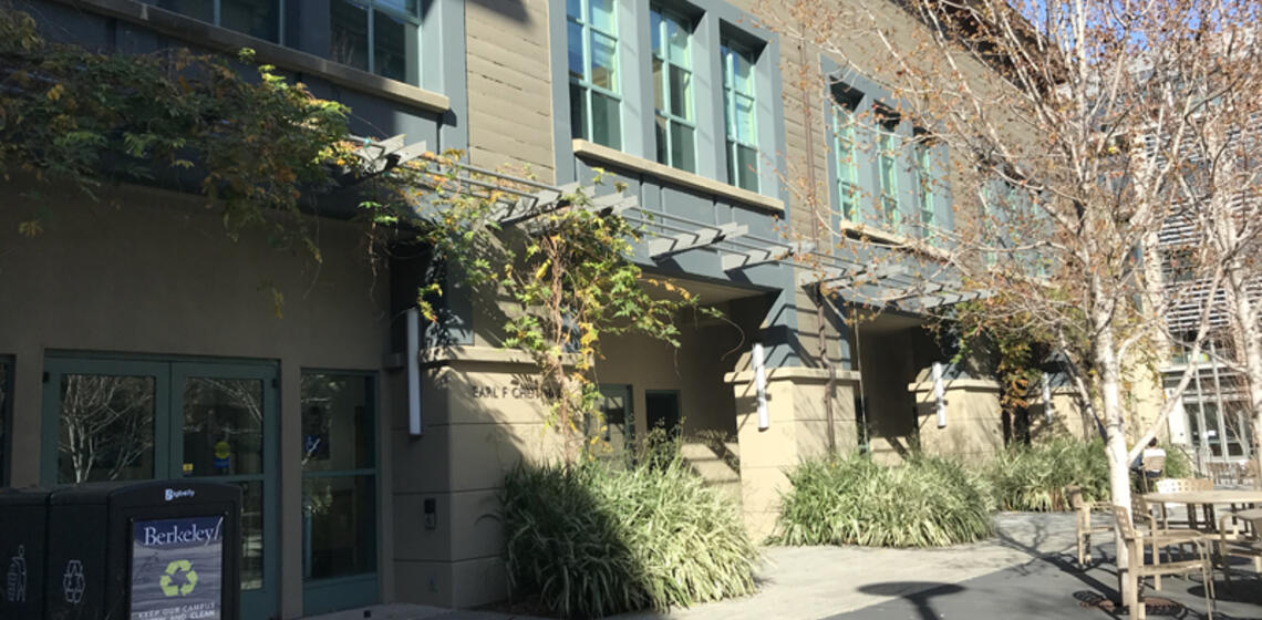 The front side of Cheit Hall, facing east. The main entrance is at ground level.