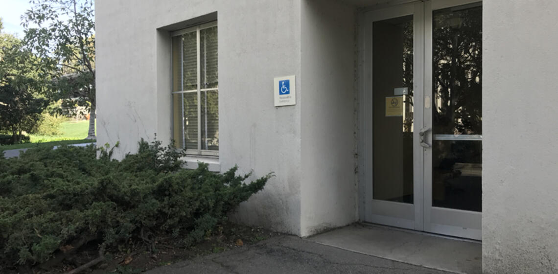 The northwest entrance to Dwinelle Hall. It is located at ground level.