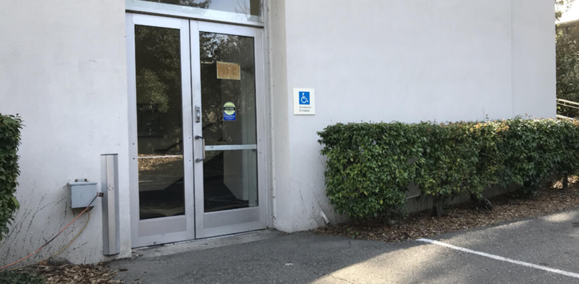 The southwest entrance to Dwinelle Hall. It is located at ground level.