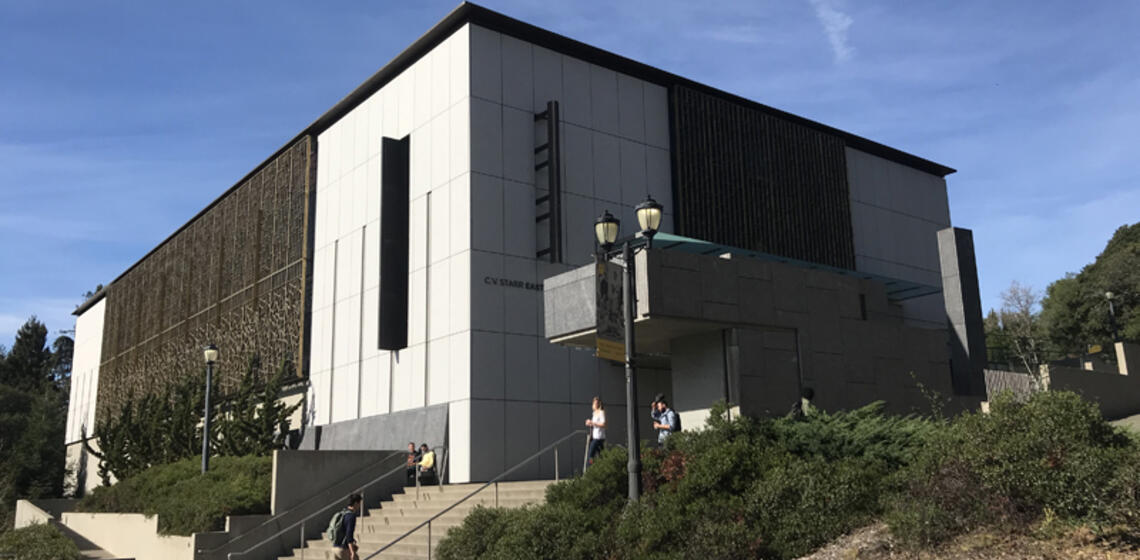 A southeast view of the East Asian Library. There is an upper and lower entrance on the east side of the building.