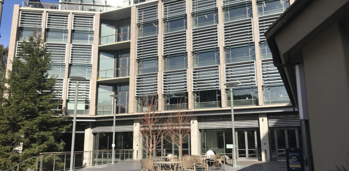 The front side of Chou Hall, facing south. The main entrance is at ground level.