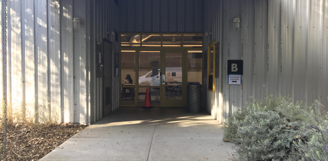 The entrance to Building B of Hearst Field Annex. It is located at ground level.