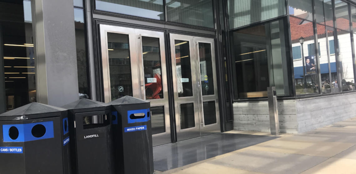 The main entrance to Li Ka Shing, facing east. To the right of the door is an automatic door opener.