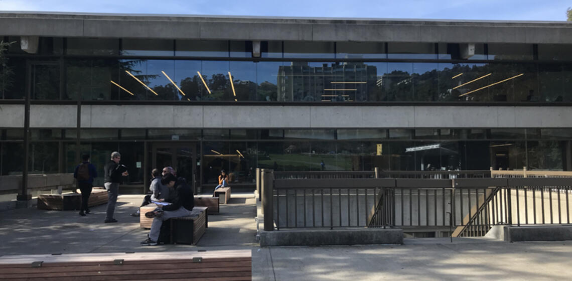 The east side of Moffitt Library. The entrance on this side accesses the fourth floor of the building