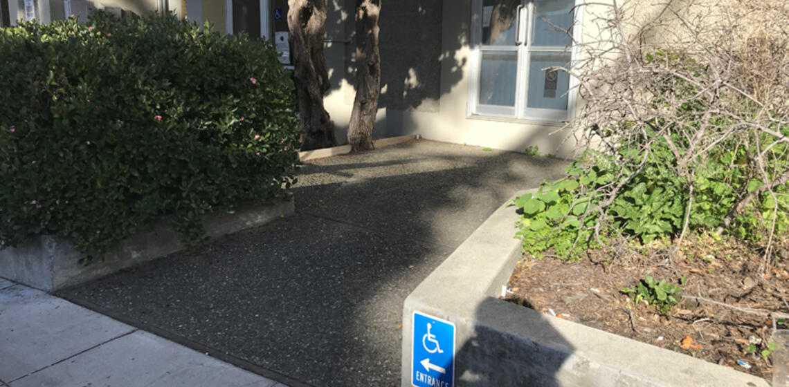 The accessible entrance to Simon Hall, facing south.