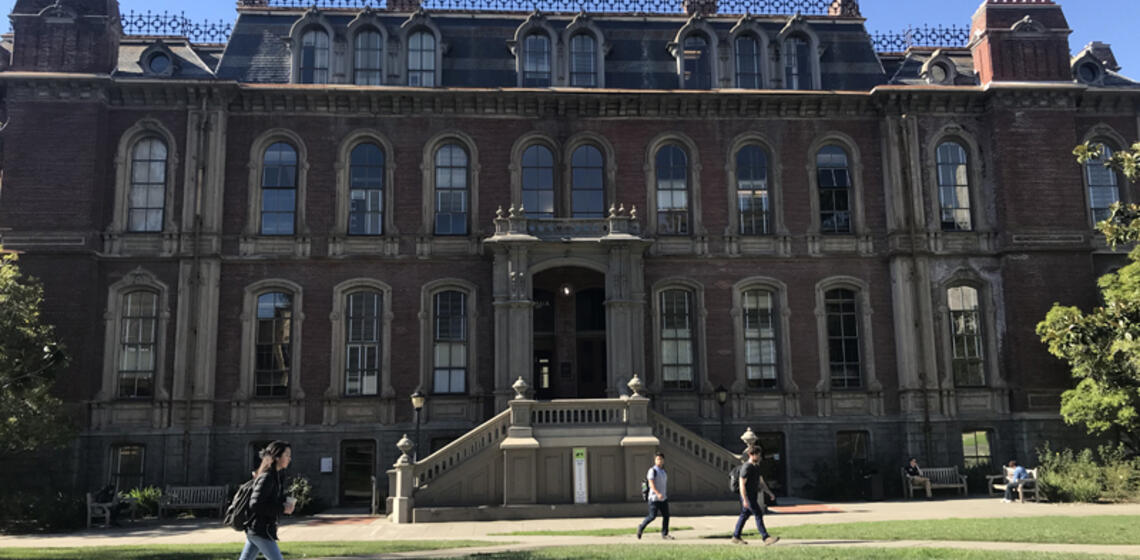 The front side of South Hall, facing east. The accessible entrance is an alternate entrance to the left of the main entrance.