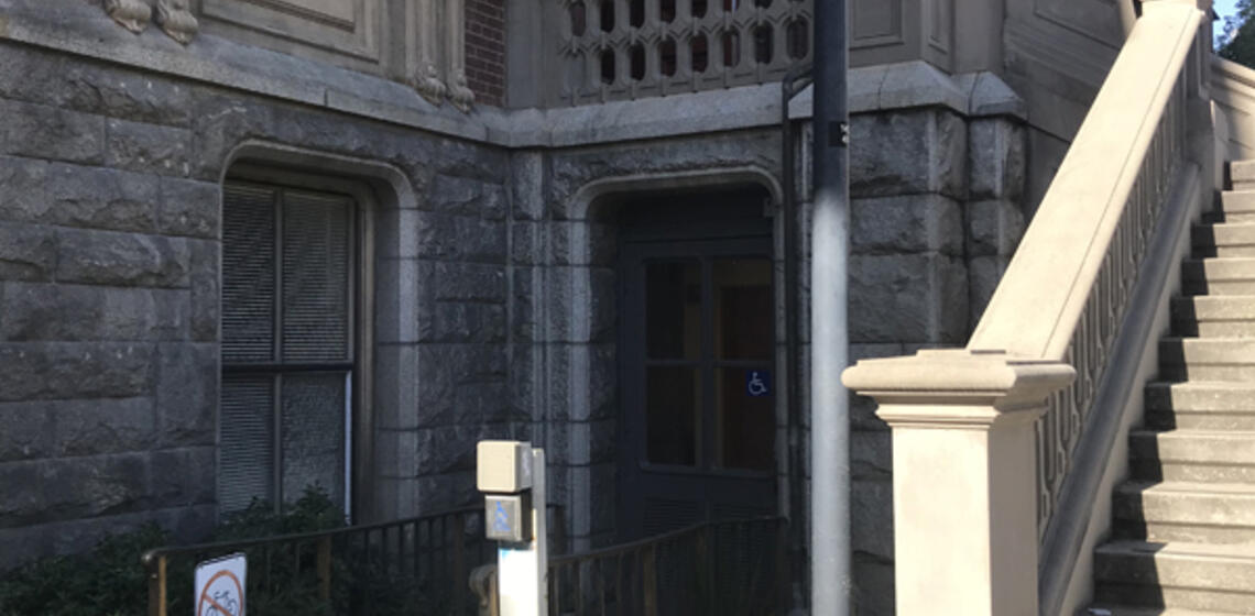 The accessible entrance to South Hall. It is an alternate entrance to the left of the main entrance.