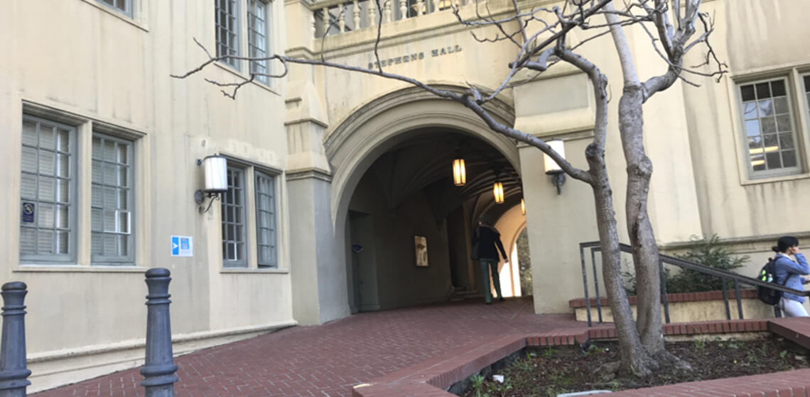 The north side of Stephens Hall. The accessible path is a corridor with accessible entrance on either side of the corridor.