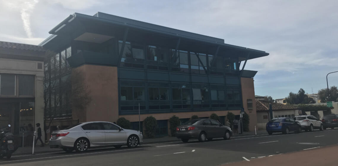 The north side of the Tang Center. The access path is located in front of the main entrance on the south side of Bancroft Way.