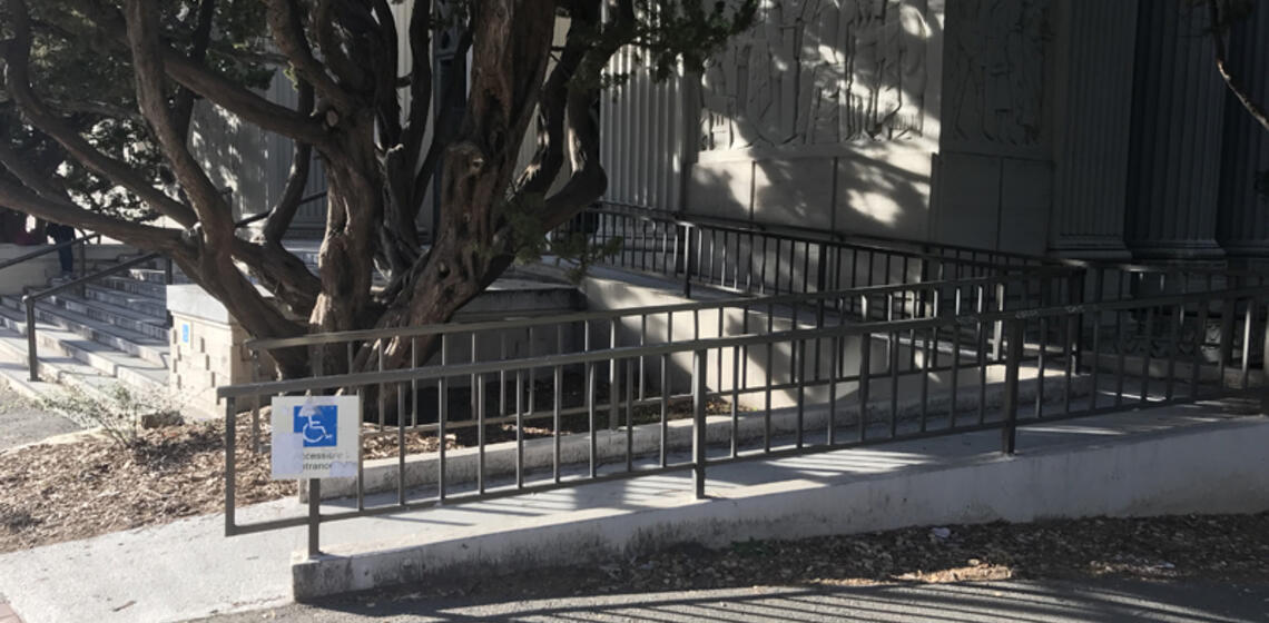 The south entrance to VLSB. There is an accessible ramp to the right of the entrance's stairs.