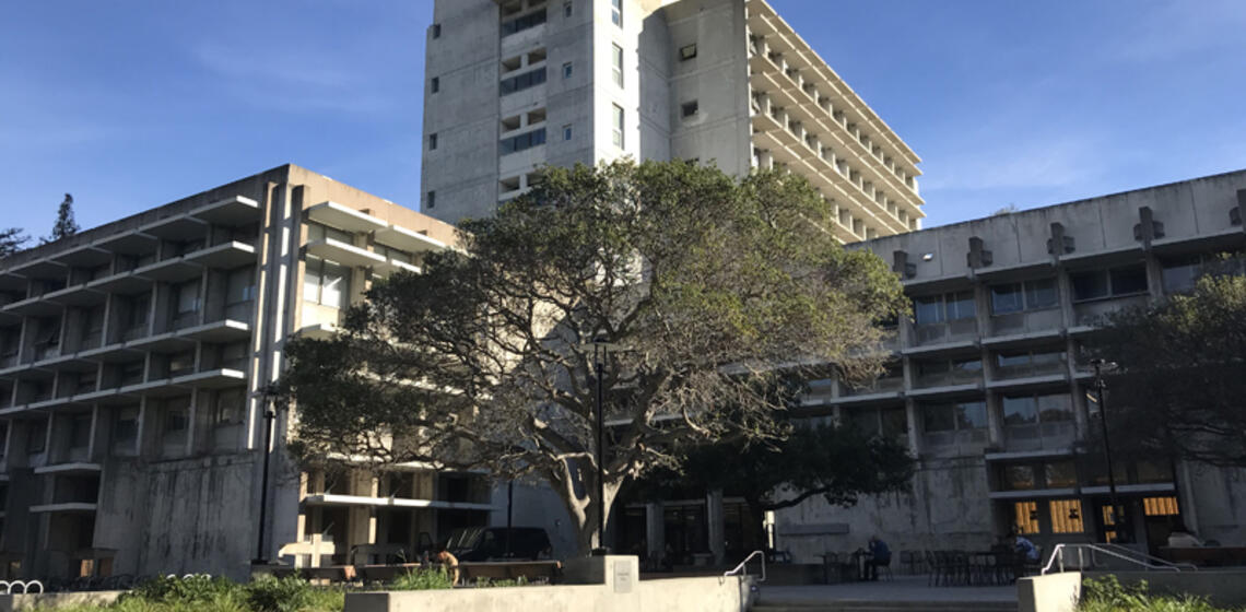 The front side of Bauer Wurster Hall, facing west. The front entrance is at ground level.