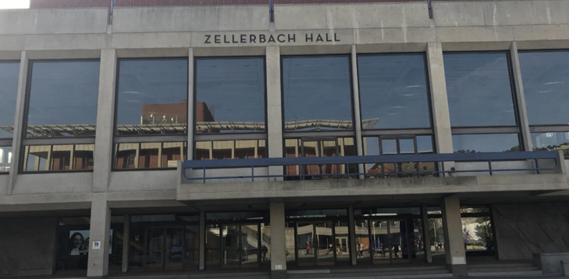 The front side of Zellerbach Hall, facing east. The accessible path is a ramp on either side of the main entrance.