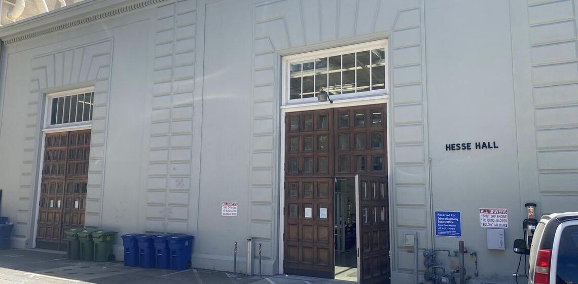 Hesse hall accessible entrance seen from north side with door open.