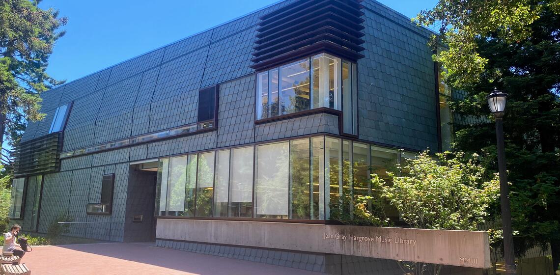 The main entrance to Hargrove Library, facing east. To the left of the entrance is an automatic door opener.