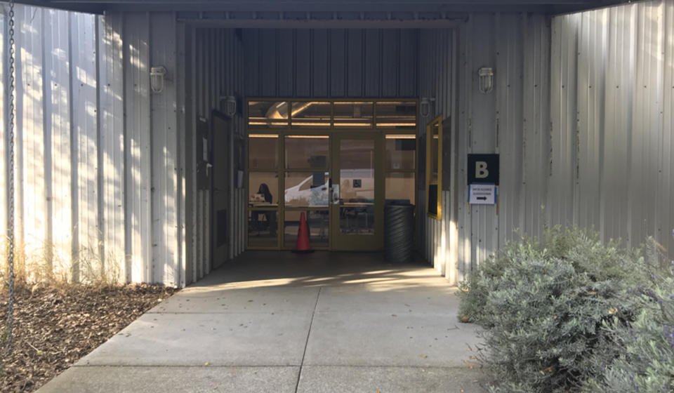 The entrance to Building B of Hearst Field Annex. It is located at ground level.