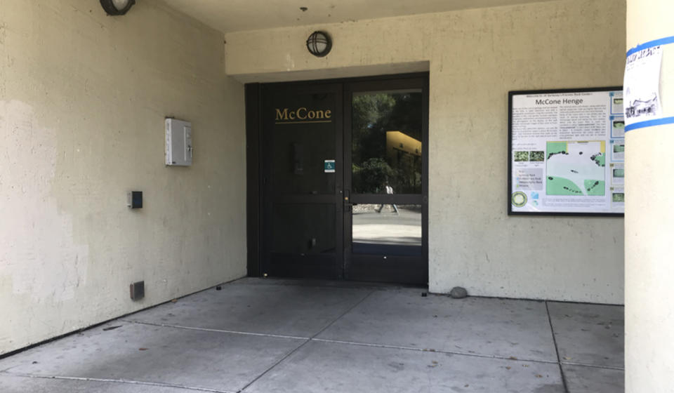 The westside accessible entrance to McCone Hall. To the left of the entrance is an automatic door opener.