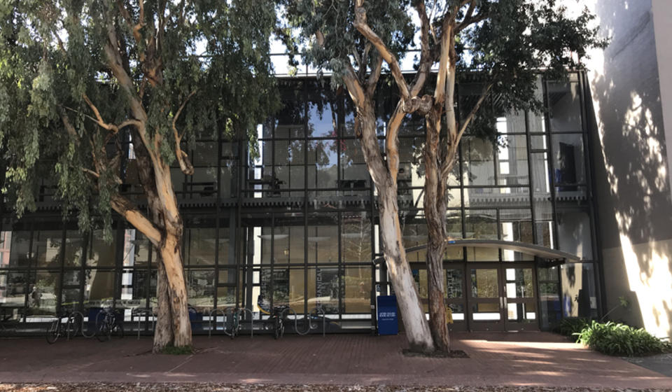 The front side of O'Brien Hall, facing east. The main entrance is at ground level on the left side of the building.