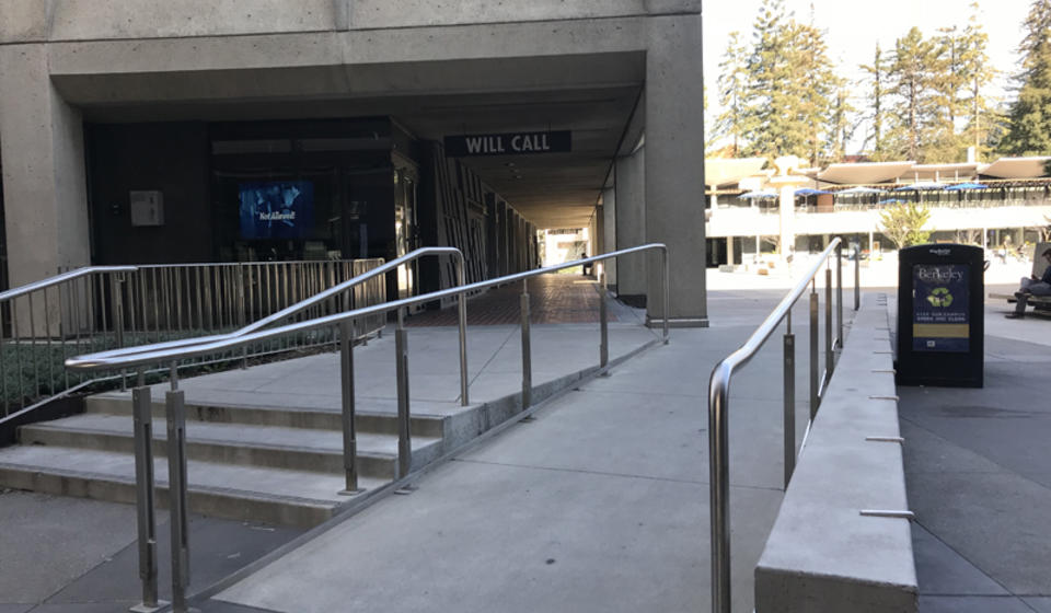 The leftside accessible ramp to Zellerbach Hall. There is a ramp on either side of the building leading to the main entrance.