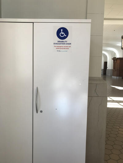 The first floor evacuation chair for Wheeler Hall, located near the south entrance.